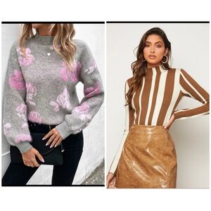 Sweater bundle. Grey with pink fuzzy sweater and brown white striped